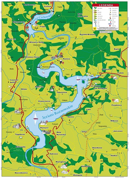 Mapka ogólna Jeziora Rożnowskiego. Miejsce zlotu: Tęgoborze - Baza Nowosądeckiego Klubu Motorowodnego (wjazd obok Domu Towarowego Centrum)